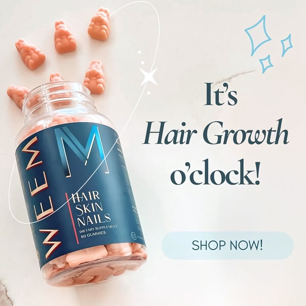 A clean, bright product-focused ad for a hair growth dietary supplement using playful, lifestyle-oriented visual cues.